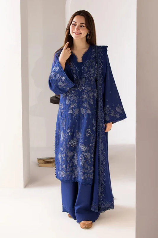 3PC DHANAK EMBROIDERED SHIRT WITH DHANAK EMBROIDERED SHAWL AND TROUSER - HZG2028