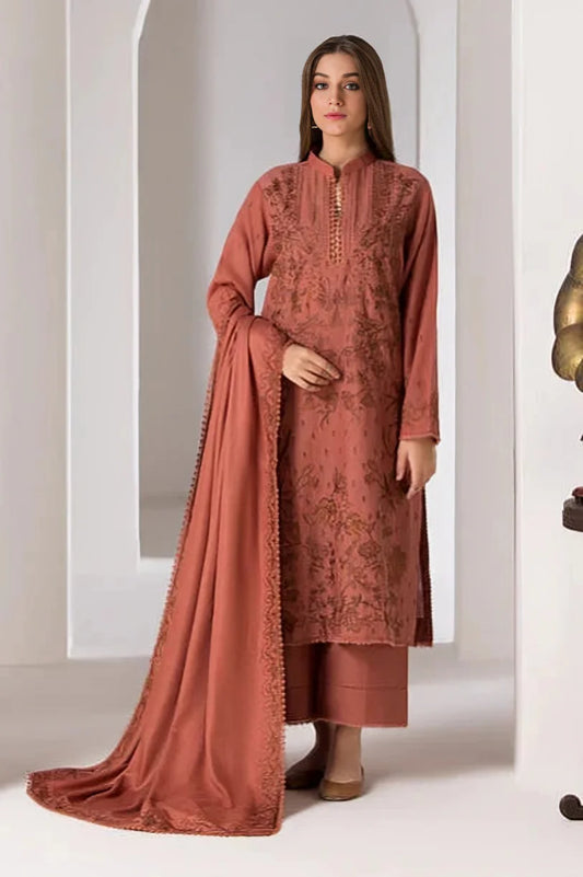 3PC DHANAK EMBROIDERED SHIRT WITH DHANAK EMBROIDERED SHAWL AND TROUSER - HZG2027