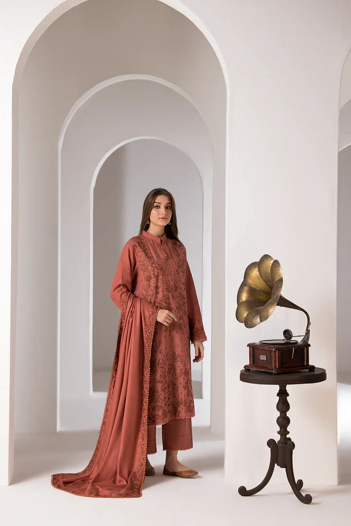 3PC DHANAK EMBROIDERED SHIRT WITH DHANAK EMBROIDERED SHAWL AND TROUSER - HZG2027