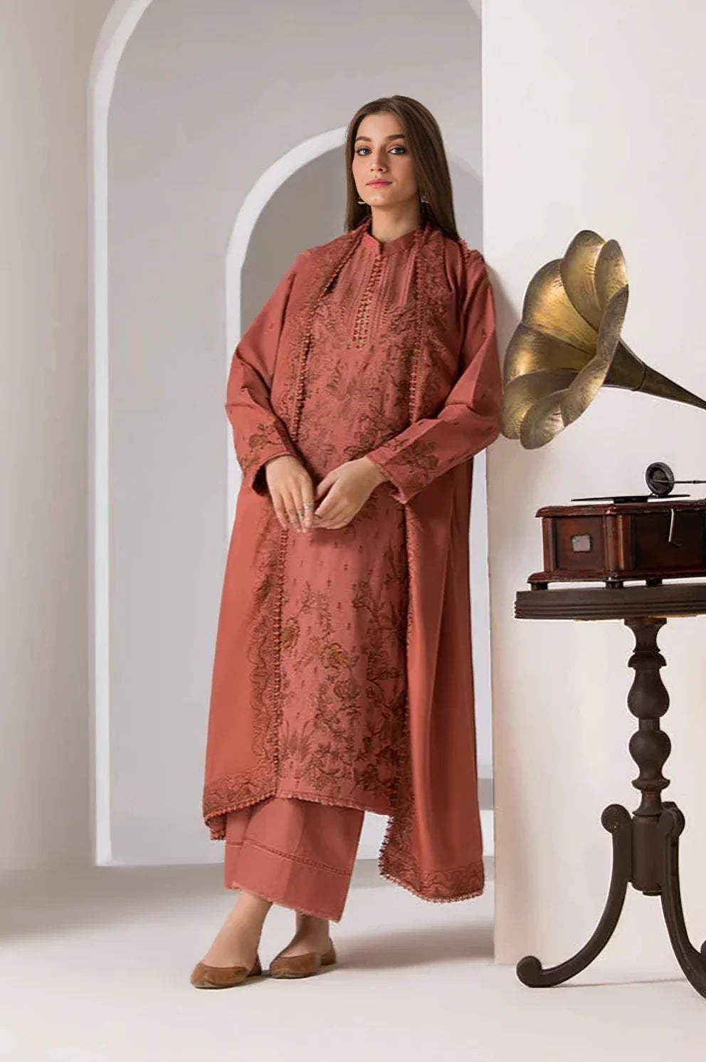 3PC DHANAK EMBROIDERED SHIRT WITH DHANAK EMBROIDERED SHAWL AND TROUSER - HZG2027