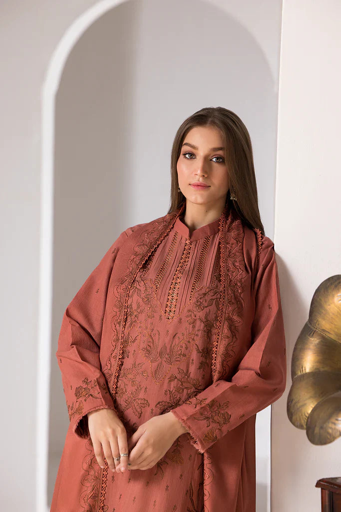 3PC DHANAK EMBROIDERED SHIRT WITH DHANAK EMBROIDERED SHAWL AND TROUSER - HZG2027