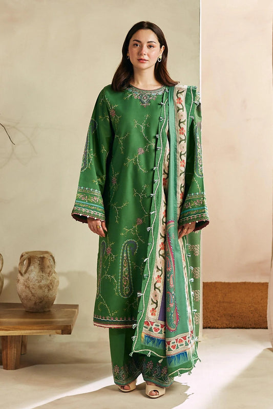 3PC DHANAK EMBROIDERED SHIRT WITH TWILL PRINTED SHAWL AND TROUSER - HZG1474