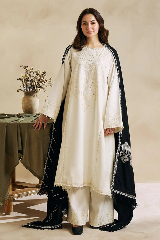 3PC DHANAK EMBROIDERED SHIRT WITH TWILL PRINTED SHAWL AND TROUSER - HZG1474