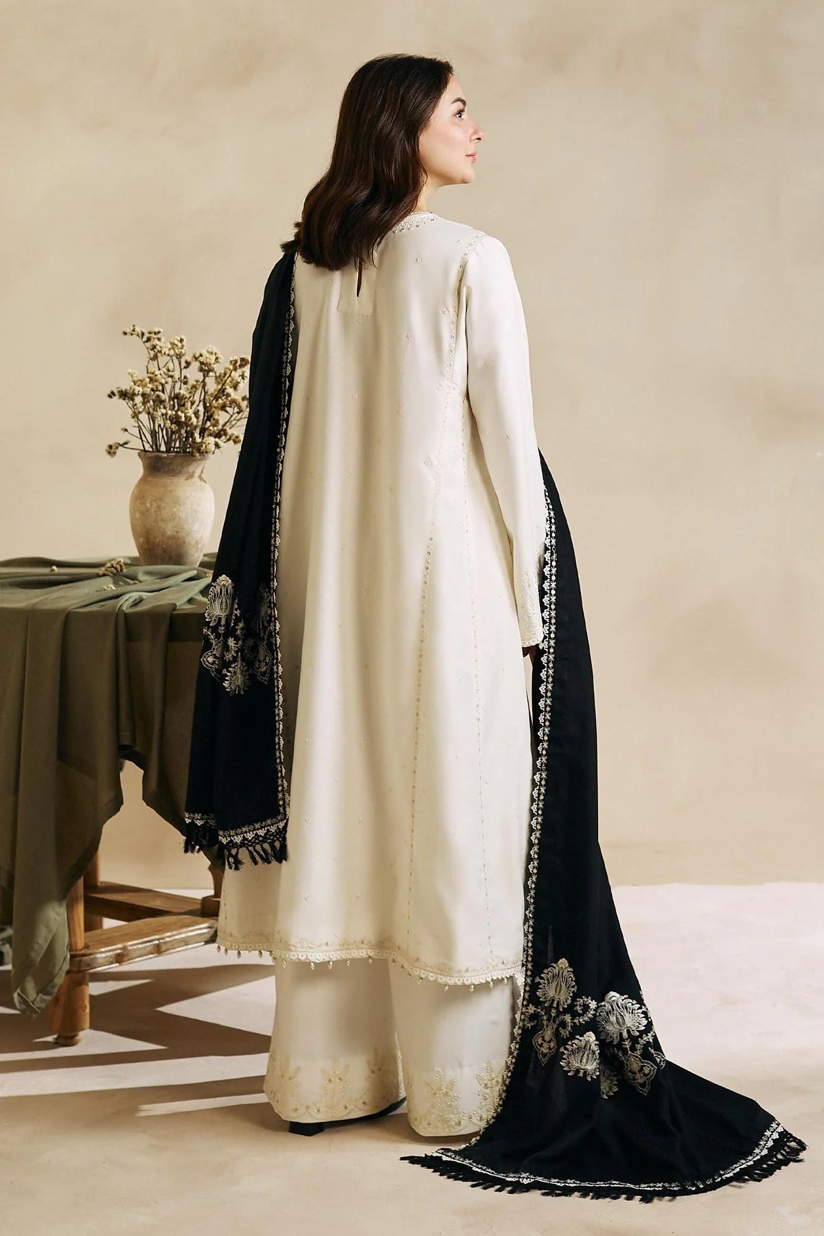 3PC DHANAK EMBROIDERED SHIRT WITH TWILL PRINTED SHAWL AND TROUSER - HZG1474